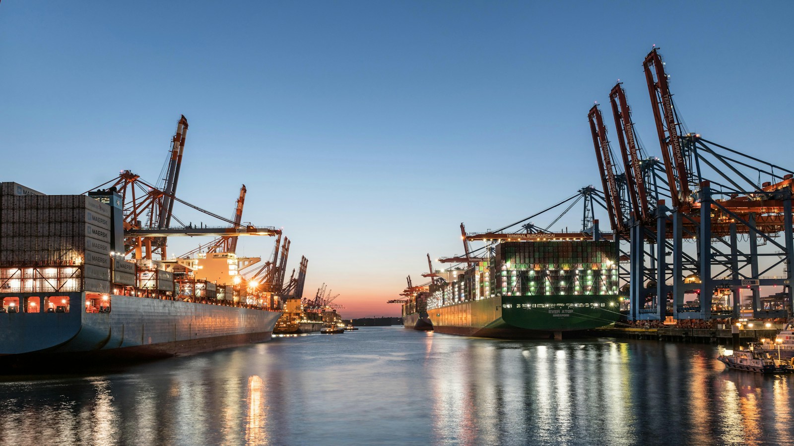 Container vessels and cranes at a seaport