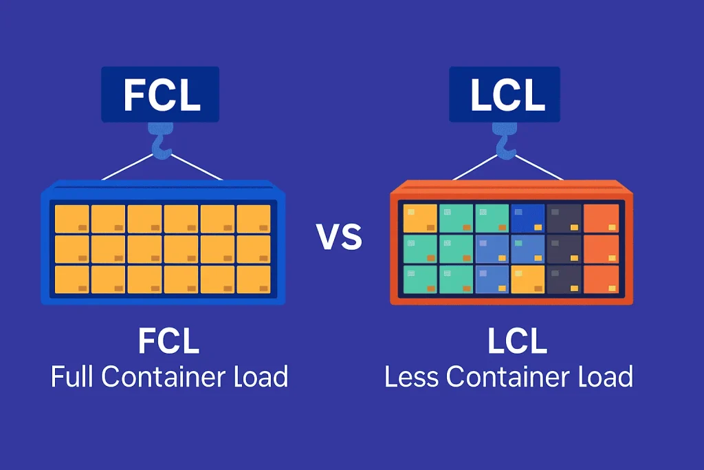 An infographic comparing FCL and LCL shipping. The left side shows a blue container filled entirely with orange boxes labeled "FCL Full Container Load." The right side shows an orange container filled with a mix of differently colored boxes labeled "LCL Less Container Load."