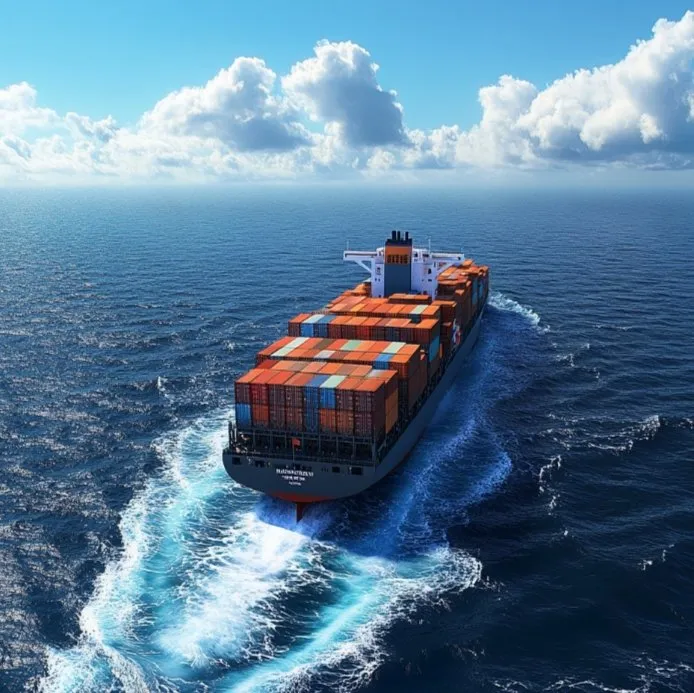 A large container ship loaded with colorful shipping containers sailing through deep blue ocean waters under a bright sky with fluffy white clouds.